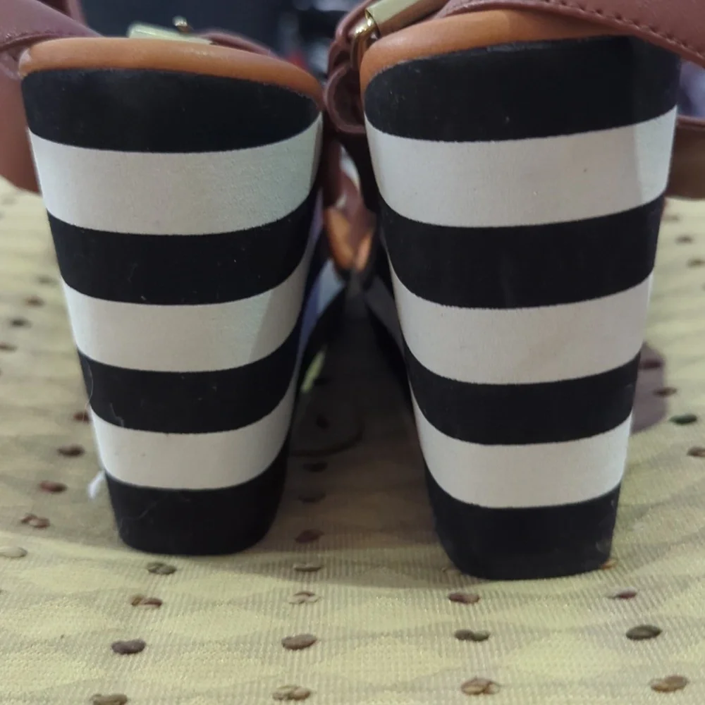 kate spade Brown Leather Striped Wedge Sandals